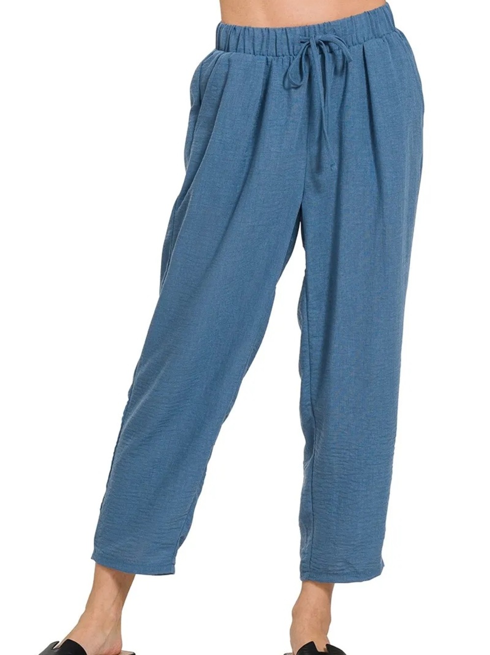 Zenana Woven Crepe Elastic Band Drawstring Waist Casual Pants Dusty Blue Small - Picture 3 of 5